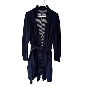 Talbots Womens Long Duster Cardigan Sweater L Navy Blue Belt Transitional Fall